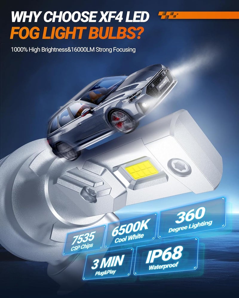 SEALIGHT مصباح ضباب LED H10، 20,000 لومن 1000% أكثر سطوعًا، ضوء أبيض بارد 6500K، مصباح ضباب 9145، عمر طويل لمصباح LED H10، عبوة من 2 - Image 5